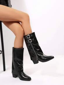 Women's Fashion Metal Buckle High Heel Boots, Sexy Faux Leather Solid Color Stylish High Heels, Outdoor Autumn/Winter