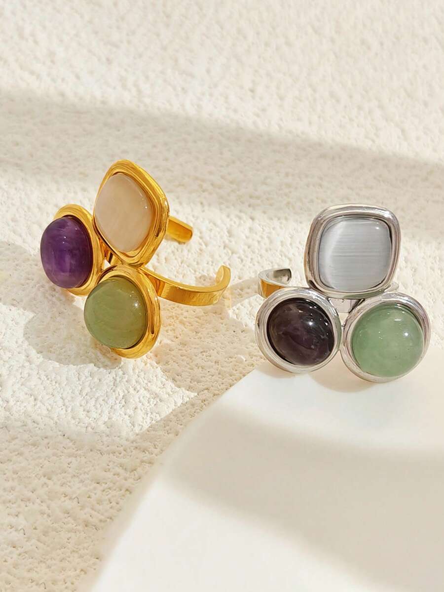 1 pieza Anillo de piedra tricolor asimétrico, diseño minimalista de acero inoxidable chapado en oro de 18K