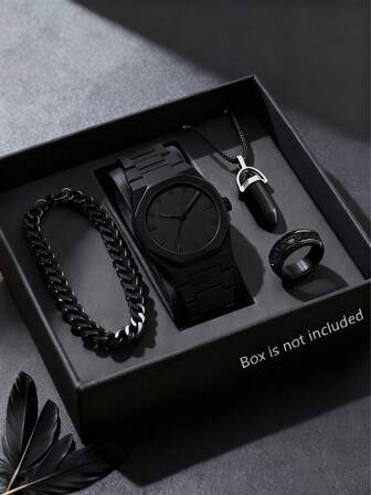 4 件男孩时尚简约经典罗马表盘石英手表套装，配有商务时尚配饰，适合日常生活、节日礼物、送给爱人的生日礼物、情人节礼物、青少年风格、万圣节、圣诞节、学生日常穿着，是送给男孩毕业庆祝、派对和聚会的完美礼物