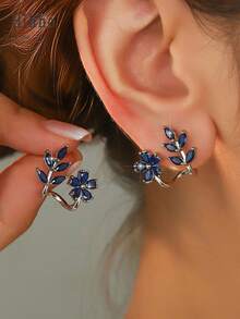 Hihho 2 chiếc khuyên tai hình lá và hoa đính đá Sapphire Zirconia lấp lánh thời trang cá nhân hóa, quà tặng cho bé gái, trang sức Giáng sinh - Xanh đậm - Xem 6