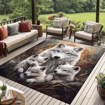 1pc Wolf Family Pattern Area Rug, Washable Polyester Fiber Carpet, Suitable For Living Room/Bedroom/RV/Camping/Picnic/Yard, Indoor Outdoor Decor, Large Area Rug, Outdoor Carpet