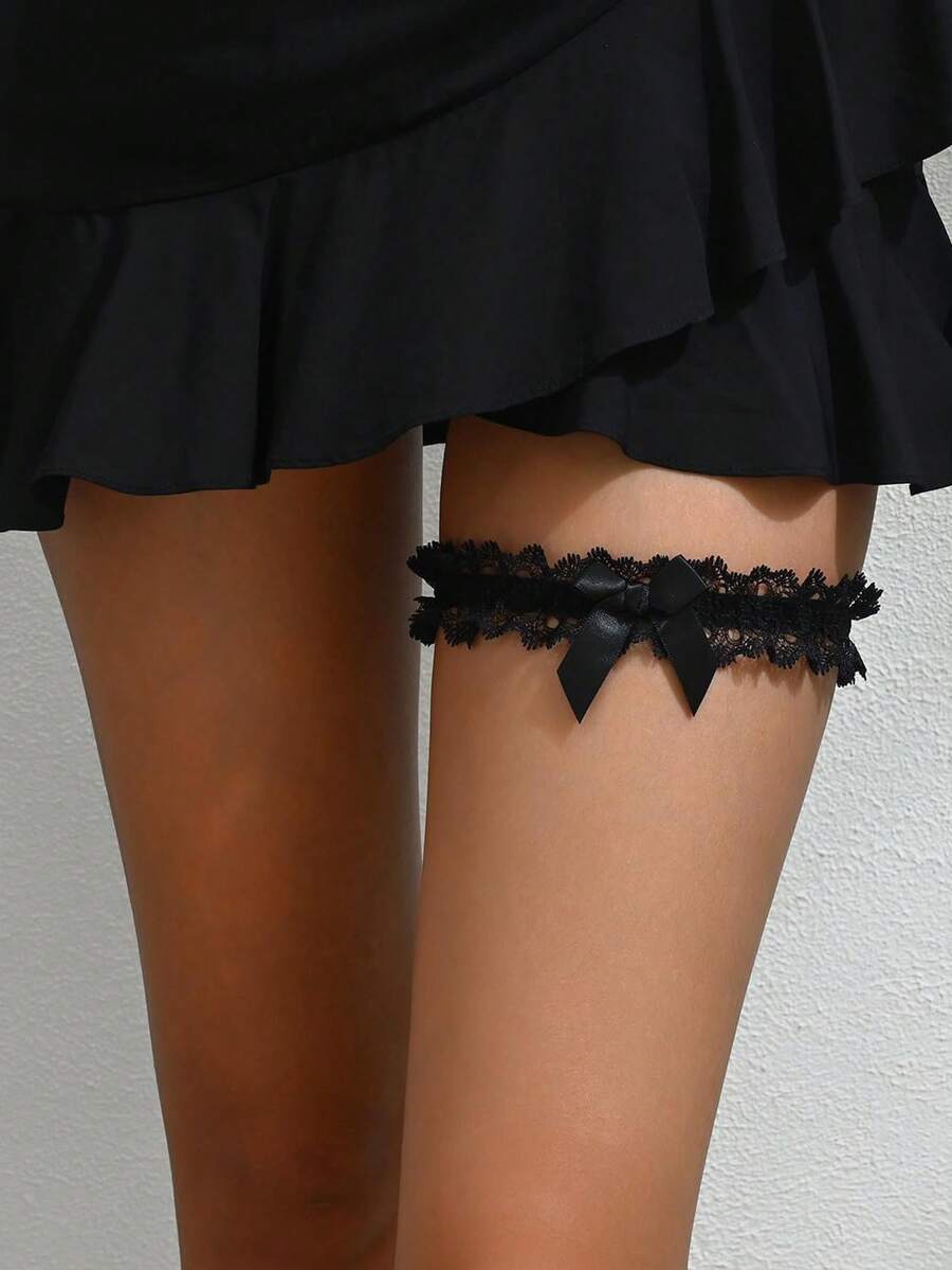 1PC Lace Garter Sexy Satin Bow Bride Wedding Garters Leg Chain Rings For Women Thigh High Bridal Party Porm Body Accessory - Black - View 1