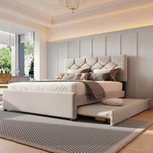 Polsterbett, 90x200cm, Bett Mit Lattenrost (Ohne Matratze), Bett Mit Rollcontainer, Samt, Minimalistisch, Rosa - 米色+絨布+140cm*200cm - 查看 3