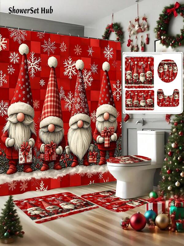 1/3/4 pezzi Set tenda da doccia, copriwater e tappetini da bagno con stampa di scatole regalo e motivo scozzese rosso, impermeabile e resistente, accessori e decorazioni per il bagno, con 12 ganci, in tessuto di poliestere lavabile, perfetto per decorazioni natalizie, casa/camera da letto/casa/stile occidentale/inverno