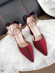 Minimalist Elegant Bowknot Decor High Heel Pumps, Cute & Versatile For Teens, Suitable For Birthday Party, Stage Show, Music Performance - Màu Đỏ Sâu - Xem 4