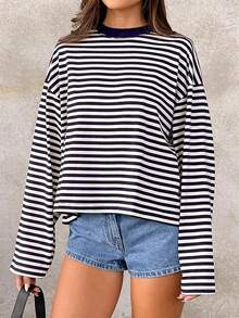 SOLTRB Damen Lässig Koreanischer Stil Locker Gestreiftes Kontrast Farbiger Saum T-Shirt, Alltägliches Tragen