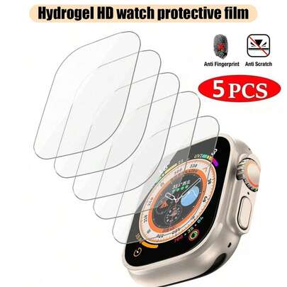 5pcs Smart Watch Screen Protector, Compatible With Apple Watch Ultra 2/Ultra 49mm, Compatible With Apple Watch Series 10(42mm), Series 10(46mm), SE/8/7/6/5/4/3/2/1, Non-Glass, 3D Curved Edge Full Coverage Anti-Glare Bubble-Free Soft Screen Film, Scratch-Resistant, High Definition, Touch Sensitive