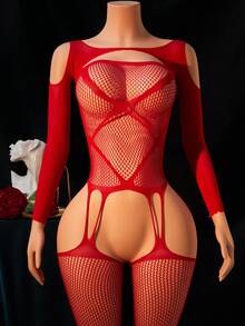 1 pieza Lencería sexy para mujer con manga larga, body de red calada y ligueros hasta el muslo, ropa interior seductora