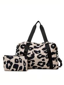 2 pezzi Set di borse da viaggio pieghevoli in nylon con stampa leopardata, di grande capacità, con scomparto indipendente per le scarpe. Adatte per sport, yoga, fitness, viaggi brevi, palestra, borse casual da donna, borse per maternità, vacanze, tempo libero, impermeabili, con scomparto separato per le scarpe, borse a mano per la scuola e accessori scolastici