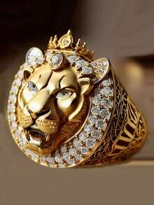 1 件复古风格金狮戒指，铜合金高端金 3D 雕刻狮子设计，带有方晶锆石装饰，单枚戒指 - 适合派对、父亲节、宴会、节日和日常佩戴，是送给男朋友、丈夫和父亲的绝佳礼物 - 皇冠獅子 - 查看 8