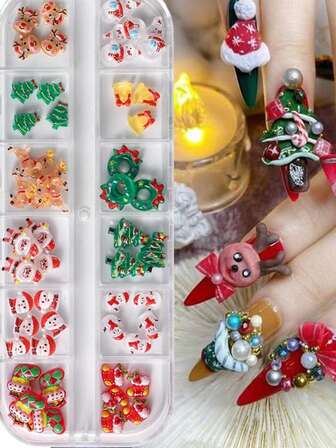 圣诞美甲饰品圣诞老人设计圣诞美甲饰品超值超过 48 件 1 盒 3D 美甲饰品圣诞老人驯鹿雪人花环美甲宝石 DIY 美甲装饰