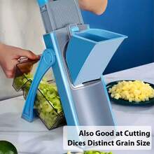 [5 In 1] Multifunctional Vegetable Cutter, Manual Fruit Cutter With Adjustable Stainless Steel Blade, Foldable Design, Large Capacity 1-10L, ABS Material, With Container, Onion Chopper For Chopping, Slicing, Removing, Dicing - 藍色 - 查看 9