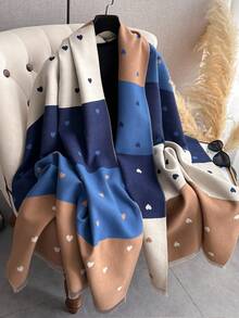 1pc Women Reversible Faux Cashmere Color Block Fashion Versatile Air Conditioning Shawl Scarf, Thick & Warm For Daily Use, Autumn/Winter For Dress - Blue - View 3