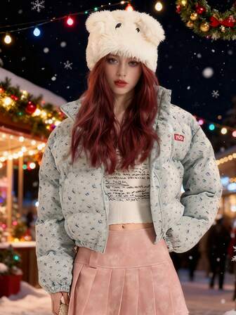 秋冬女装优雅时尚加厚羽绒服拉链休闲复古外套冬装韩版羽绒服新款印花圣诞服装