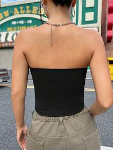 女士四季皆宜性感Y2K无肩带基础款纯色弹力修身黑色抹胸上衣 – 圣诞节和约会必备 - 黑色 - 查看 2