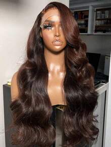 Glueless 34 Inch 200% Density 4# 13x4 Lace Front Wigs Human Hair Chocolate Brown Body Wave Wig Body Wave Wigs Human Hair Natural Look 13x4 HD Transparent Lace Frontal Wigs For Women Pre Plucked With Baby Hair Natural Hairline Blended Synthetic Cosplay Wigs Suitable For Halloween Or Parties - màu nâu - Xem 7