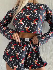 2 piezas Conjunto deportivo casual de mujer con estampado de ciervos, top de manga larga de punto y shorts, adecuado para uso diario y en el hogar, otoño/todo el año, ropa de otoño e invierno - azul real - Ver 4