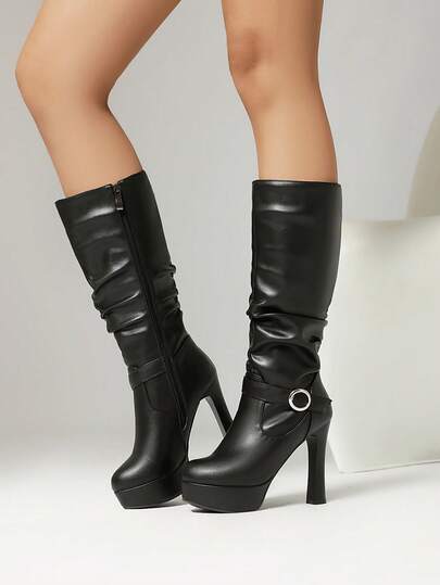 بوت بوت قصيرة ذات كعب عالي للنساء، بوت دافئة، بوت بطيات على الطراز الأوروبي، بوت منصة مقاومة للماء مع ارتفاع، بوت موضة 2026 للنساء