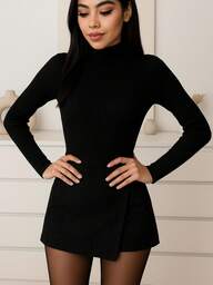 Falda pantalón negra de cintura alta para mujer con superposición asimétrica, color liso, estilo casual y elegante PARA OTOÑO INVIERNO EN