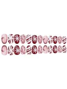 24 Pieces Of European And American Back To School Christmas Short Oval Nail, Christmas Contrasting Snowflake Texture Embellished With Rotating Stripes, Cane Wearing Nail Design, Decorative Nail Patch, Fully Covered Fake Nails, Back To School Art Patch, Versatile Nail Art Supplies, Daily Wearing Nail Set, Suitable For Office Women, Gatherings, Dates, And Daily Wear To Decorate Your Nails And Enhance Your Fashion Taste
