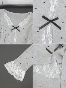 女士休闲圆领蕾丝拼布波点针织毛衣，带蝴蝶结，可爱性感长袖套头衫，秋冬 - 灰色 - 查看 7