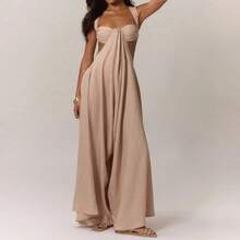 Fashion Hollow Waist Halter Wide Leg Jumpsuits Sexy Tube Top Sleeveless Solid Color Playsuits Lady High Street Commute Rompers - 05 卡其色 - 查看 7