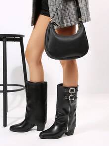 Women's Fashion Metal Buckle High Heel Boots, Sexy Faux Leather Solid Color Stylish High Heels, Outdoor Autumn/Winter