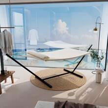 Double Hammock,2 Person Hammock Set With Quick-Lock Steel Stand,Portable Fabric Hammock With Pillow,Indoor Outdoor Lounger For Patio Camping Backyard,500lb Capacity,Flat - Beis - Ver 2