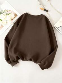 青少年女孩返校可爱书本和蝴蝶结印花圆领套头衫 - 柔软、可机洗、百搭 - 秋冬休闲日常服装（新款秋季时尚、万圣节） - 棕色 - 查看 3