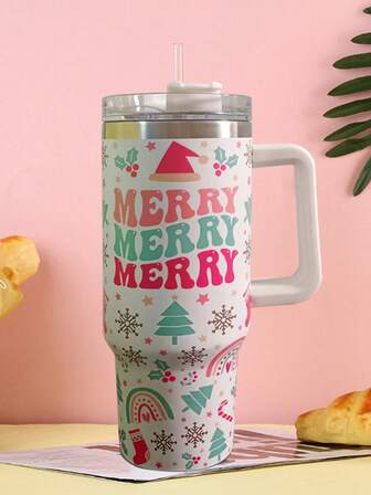 كوب عازل مع مقبض بنمط شجرة عيد الميلاد من الفولاذ المقاوم للصدأ، كوب، دورق فراغي مع قش