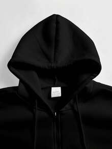1pc Men's Thick Hoodie Sweatshirt For Autumn/Winter, Casual Sports Outdoor Pullover Hooded Sweatshirt, Loose Fit, Suitable For Home & Outdoor Activities, Can Be Couples Gift, 100% Polyester Material, With Drawstring Hood, Multiple Colors Available, Long Sleeve Top - Black - View 5