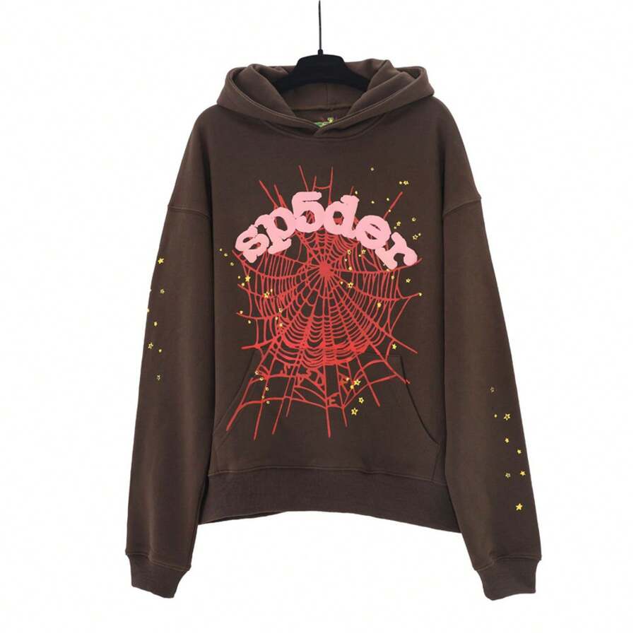 Sp5der Hip-Hop Artist Letter 3D Print Fleece Hoodie & Pants Set For Men & Women - 1咖色 - 查看 1
