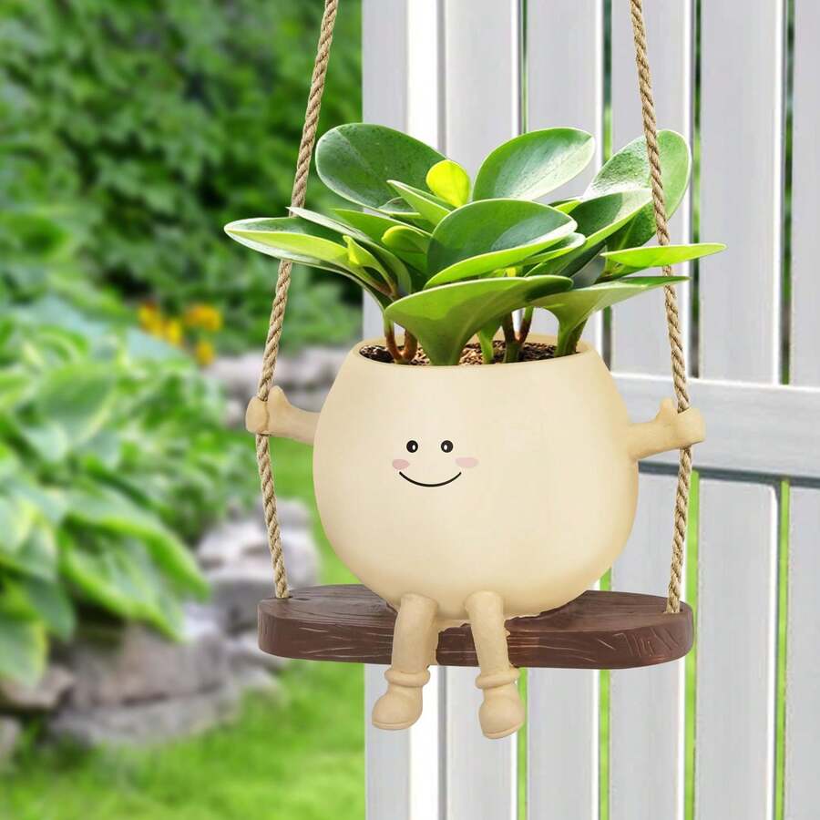 Cute Smiling Face Hanging Flowerpot High-Quality Resin Drainage Hole, Perfect For Indoor And Outdoor Decoration DIY Fun For Families And Gardens Ideal Gift For Plant Enthusiasts - 米色 - 查看 1