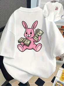Women's Pink Rabbit & Dollar Bill Print Short Sleeve T-Shirt - White Crew Neck Casual Top With Playful Graphic Design, Machine Washable Spring Summer Tee, Allseasons Shirt,  Apparel, Comfortable Fit Shirt - Black - View 1