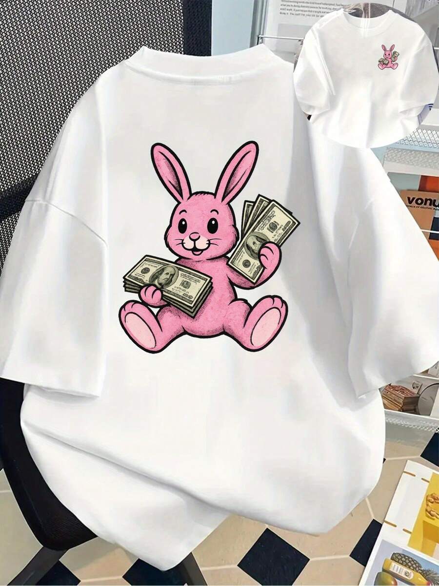 Women's Pink Rabbit & Dollar Bill Print Short Sleeve T-Shirt - White Crew Neck Casual Top With Playful Graphic Design, Machine Washable Spring Summer Tee, Allseasons Shirt,  Apparel, Comfortable Fit Shirt - Black - View 1