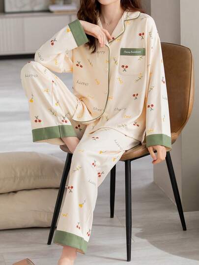 AICJ 2件套女士休闲条纹长袖上衣和裤子睡衣套装，舒适纯棉，适合春、夏、秋季、情人节、新年礼物、秋冬服装