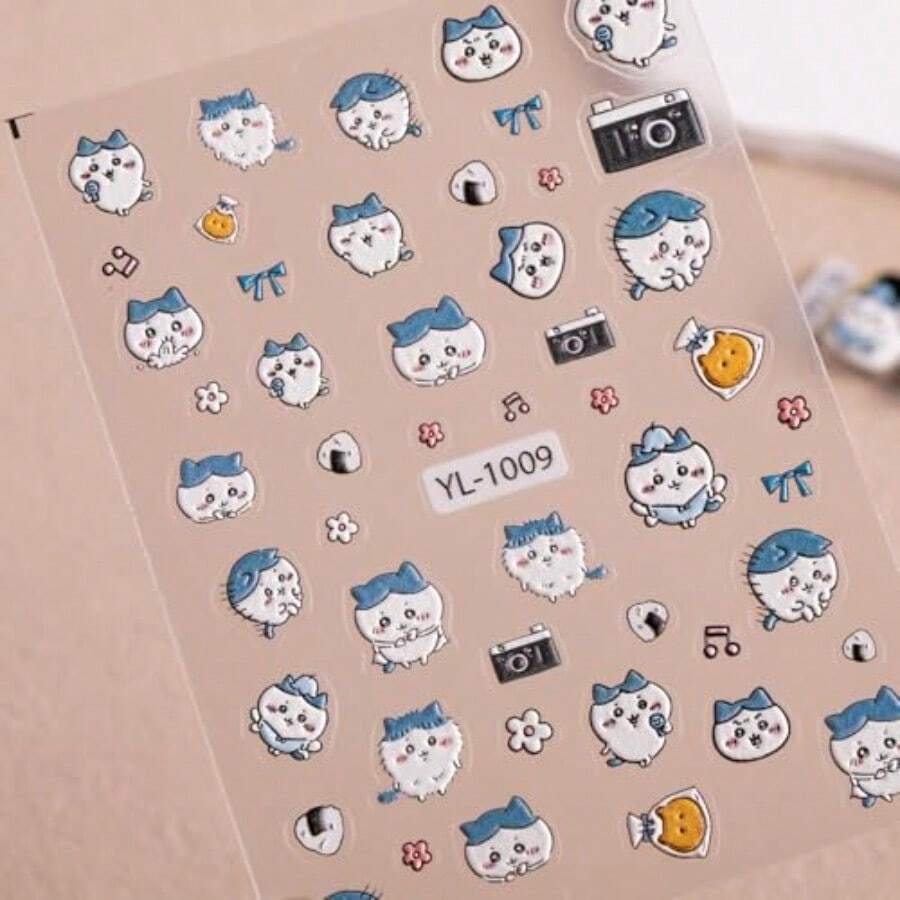CZ Chikawa Cute Nail Stickers For Girls Kawaii 3D Cartoon Nail Art Decals Japanese Style Pastel Manicure Accessories DIY Peel Stick Nail Decoration For Teens Anime Fans YL003 6108 - 藍白 - 查看 1