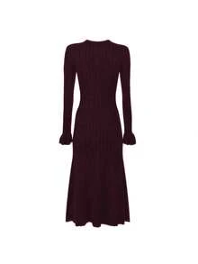 优雅休闲女士针织连衣裙，时尚通勤办公装，修身显瘦针织连衣裙，荷叶边袖口，女士街头风，适合新年、感恩节、正式晚宴、派对、约会、婚礼、生日等场合。