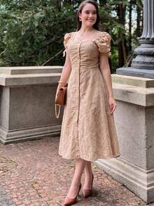 Women's Midi Dress, Casual, Elegant, Cotton, Daily - 米色 - 查看 12