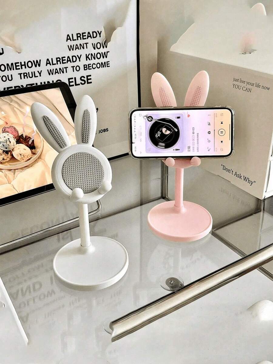 1 pieza Soporte de teléfono ajustable con orejas de conejo lindo para escritorio y tableta, soporte de dibujos animados compatible con iPad y todos los teléfonos inteligentes, diseño de base estable, perfecto para ver videos, transmisión en vivo, juegos y creación de contenido, soporte universal con posicionamiento flexible - Multicolor - Ver 1