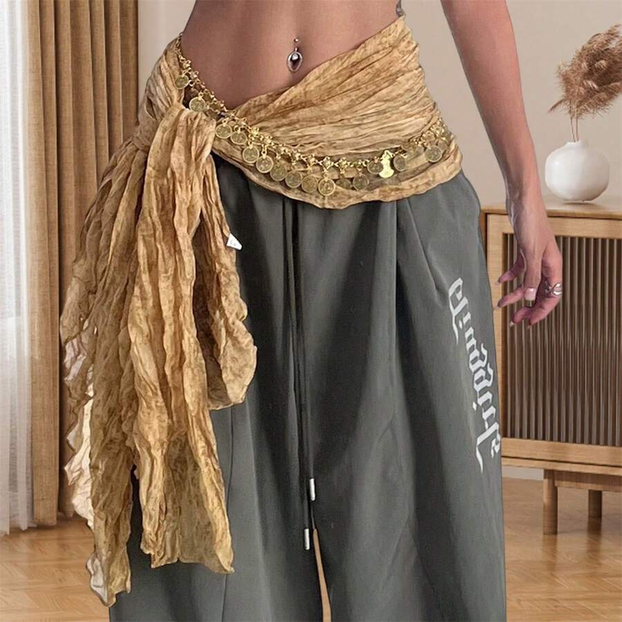 Belly Dance Hip Scarf For Women/Girls, Y2K Pleated Belt Shawl Jazz Hiphop Waist Belts With Coins Chains - 黃色 - 查看 1
