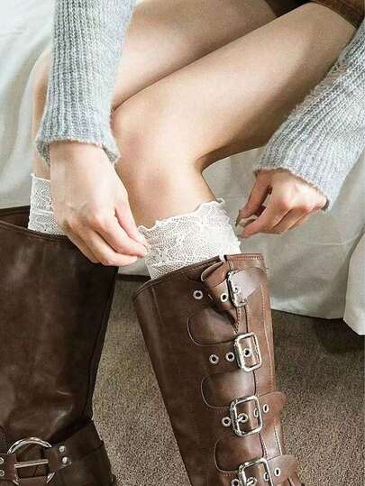 1/2 Pairs Lace Over The Knee Socks: Women's Stockings AndSock Boots -Polyester Blend, Lace Trim, Hand Washable