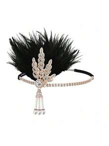 1件1920年代风格羽毛头饰，女士款，复古树叶图案拼接发箍，适合化装舞会、单人派对，优雅高端的万圣节服装配饰