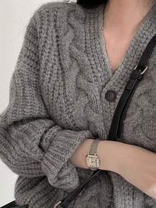 MURAMASA Cárdigan de punto grueso de estilo vintage para mujer para otoño e invierno - con botones, manga larga, perfecto para el Día de San Valentín y talla grande allá  Liso    Casual    Botón  Botón delantero - Gris - Ver 5