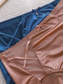 5条/包 女士纯色缎面蕾丝蝴蝶结装饰中腰比基尼内裤 - 彩色 - 查看 3