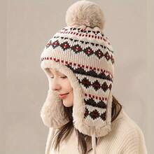波西米亚针织绒球冬帽、毛绒内衬护耳帽、波西米亚北欧图案保暖羊毛雪帽、女士舒适圣诞帽、适合户外、旅行、滑雪和节日礼物的柔软保暖毛线帽