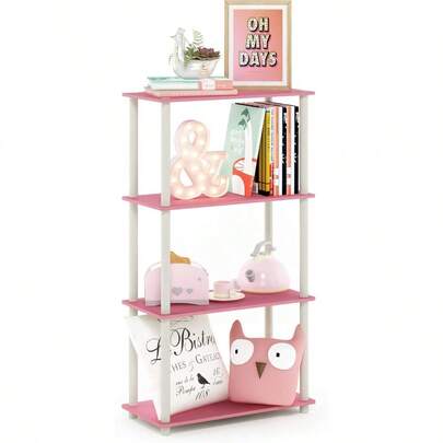 Furinno TurnNTube 4Tier Multipurpose Shelf Display Rack With Round Tubes Pink White