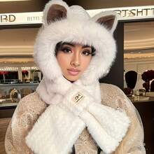 冬季猫耳毛绒连帽围巾，柔软仿皮草女式帽子围巾，带口袋设计的三合一保暖毛绒兜帽，适合寒冷天气的可爱舒适头饰，适合女孩和时尚爱好者的圣诞礼物 - 彩色 - 查看 5