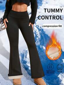 1件秋冬瑜伽裤，保暖内衬，高腰，修身，休闲瑜伽运动喇叭裤 - 黑色 - 查看 2