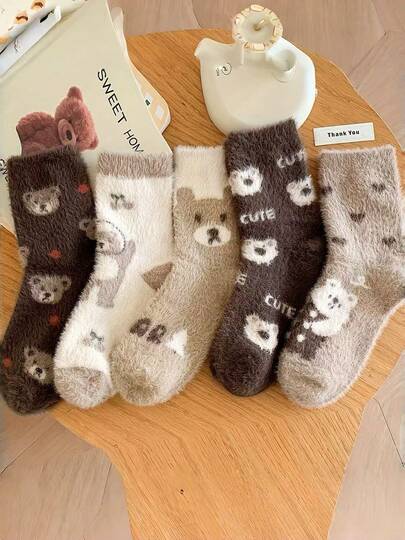 3 Pairs Warm Brown Cartoon Bear Cute Sweet Work & Casual Gift Socks, Autumn/Winter